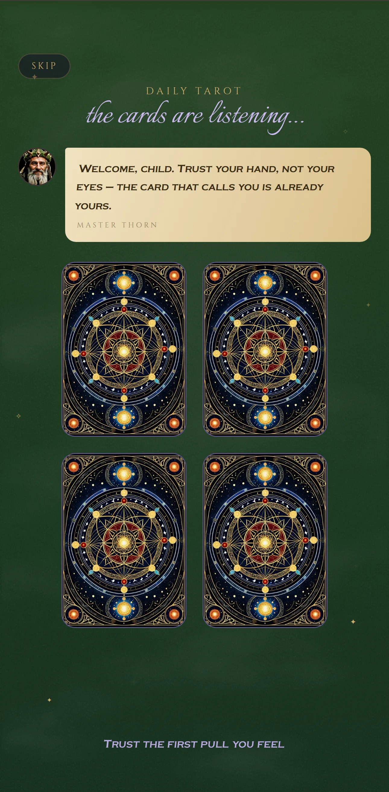 The demo's daily pull: four face-down cards under Master Thorn's greeting