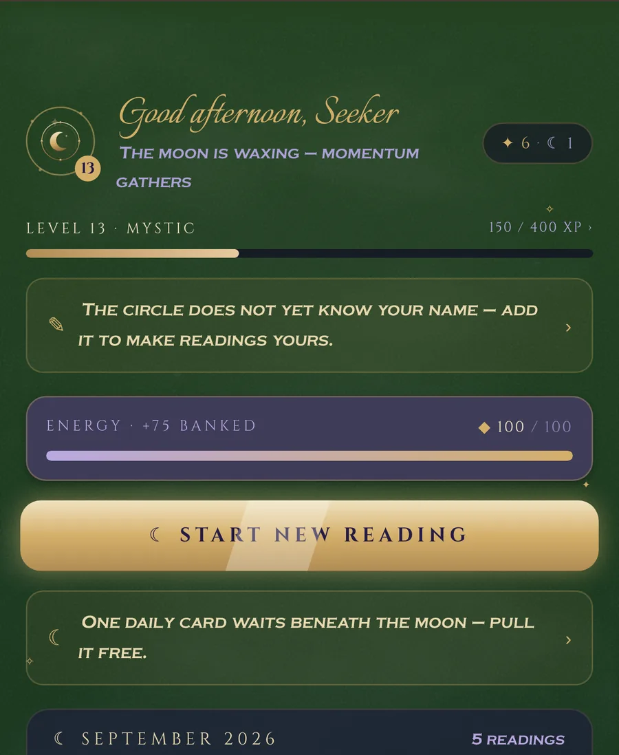 The Altar: the greeting under tonight's moon, level and energy, the daily card waiting