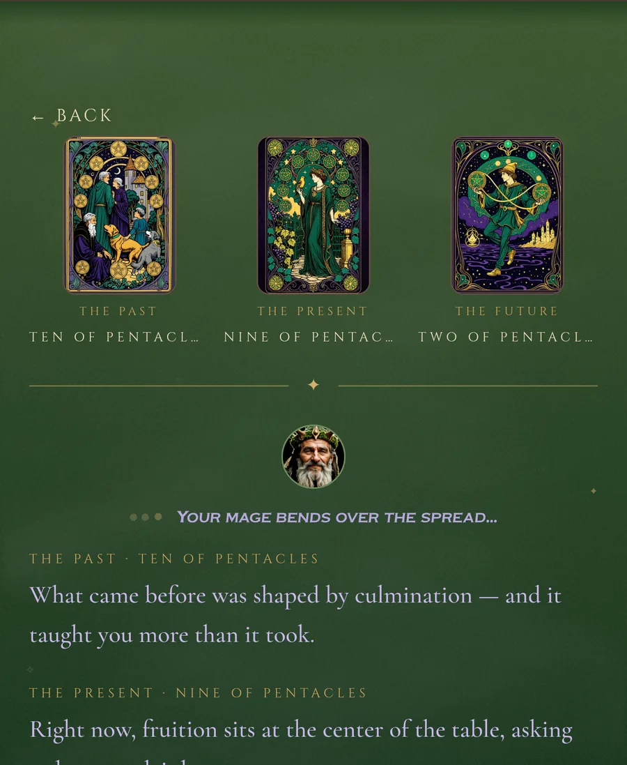 A Classic spread revealed in the app: three painted cards and Master Thorn's reading beneath them