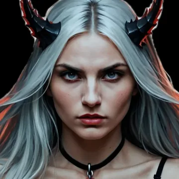 Morana — a dark witch with horns and silver hair, unsmiling