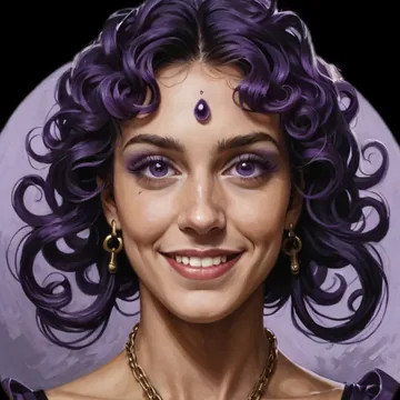 Zizi — a smiling witch-seer with violet curls and a jewel on her brow